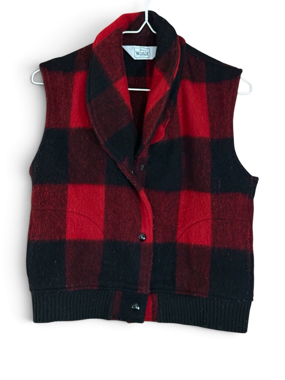 Woolrich Vintage Wool Buffalo Plaid Shawl-Collar Cropped Vest in Red and Black
